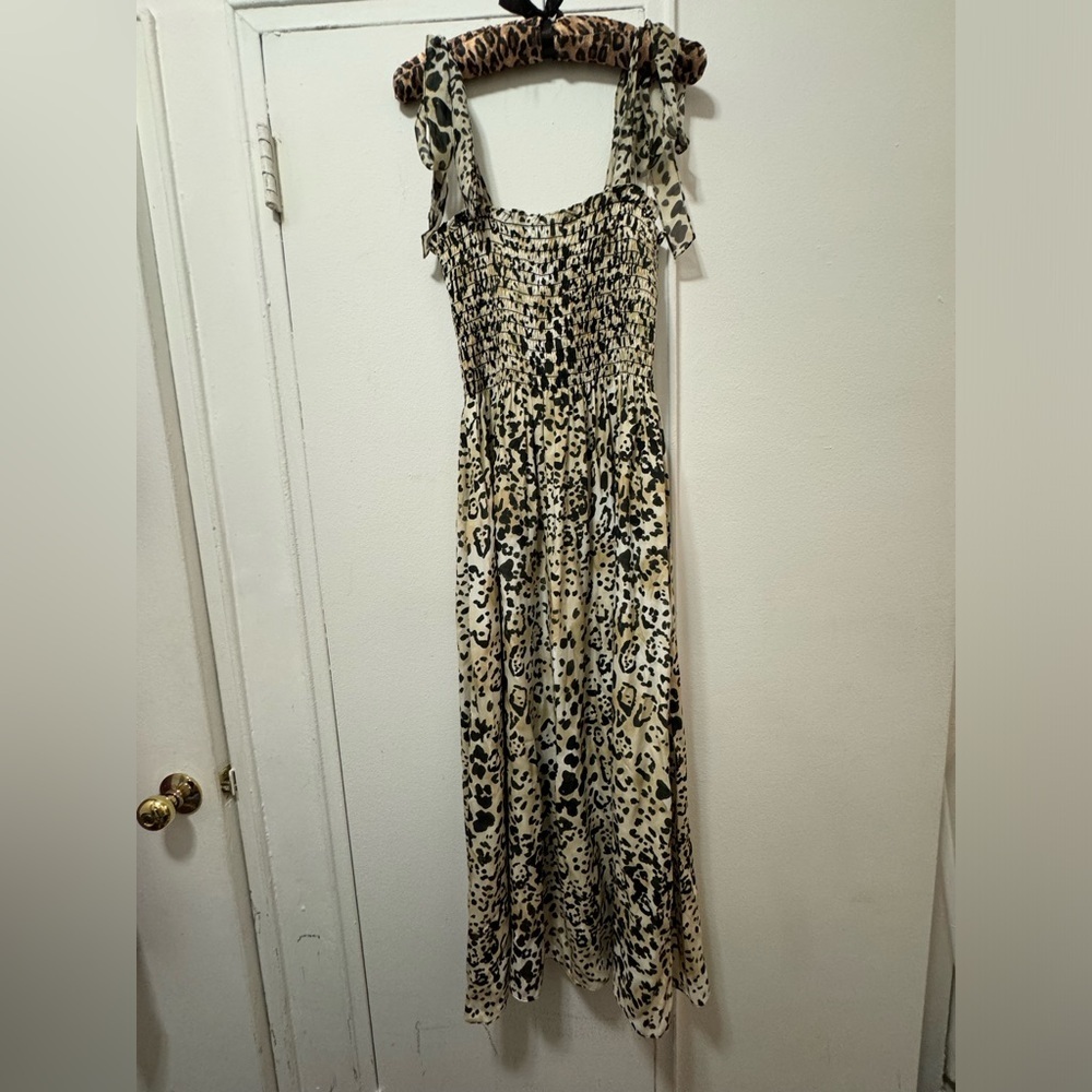 La Ligne Silk Midi Dress Smocked Leopard print EUC Size Large 🐆 - Picture 3 of 5